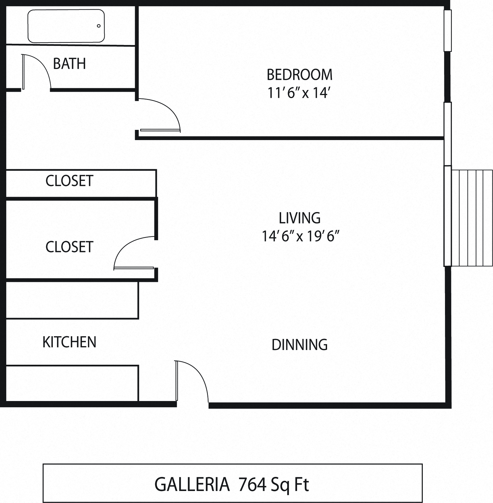 Floor plan for 1 bed, 1 bath, 764 sqft